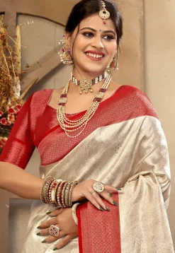 Woven Art Silk Saree in Off White