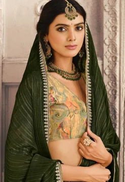 Woven Art Silk Saree in Olive Green