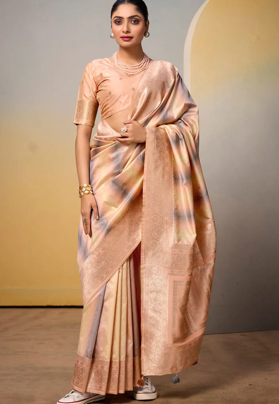 Woven Art Silk Saree in Peach and Multicolor