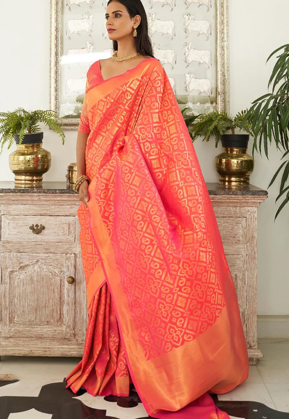 Woven Art Silk Saree in Peach
