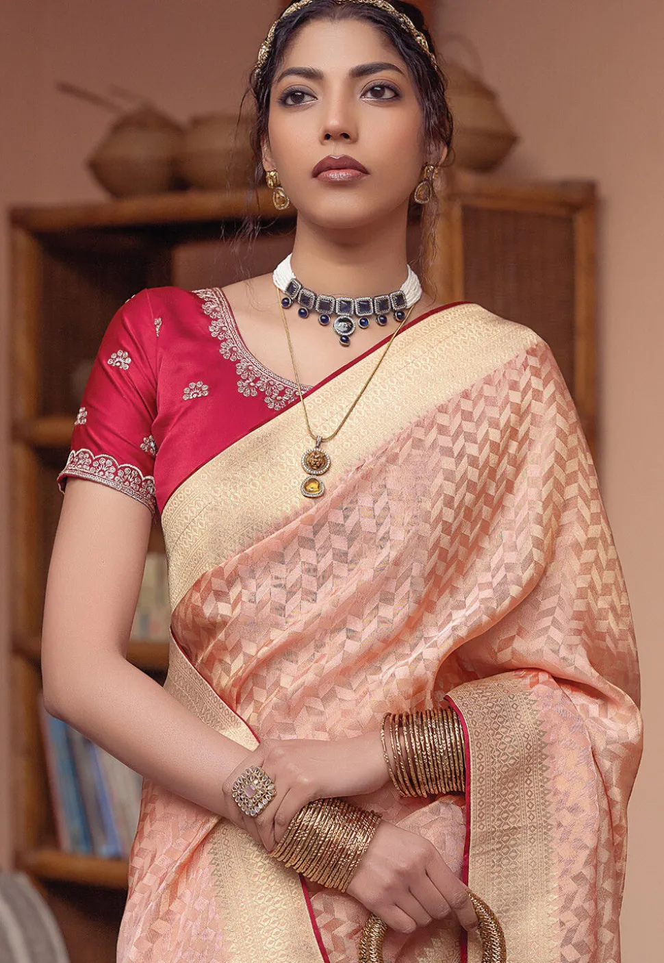 Woven Art Silk Saree in Peach