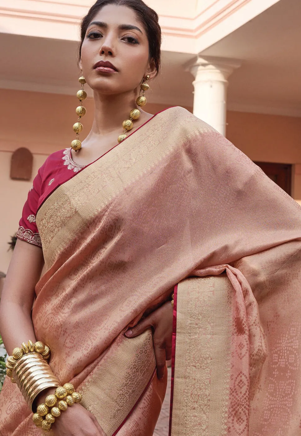 Woven Art Silk Saree in Peach