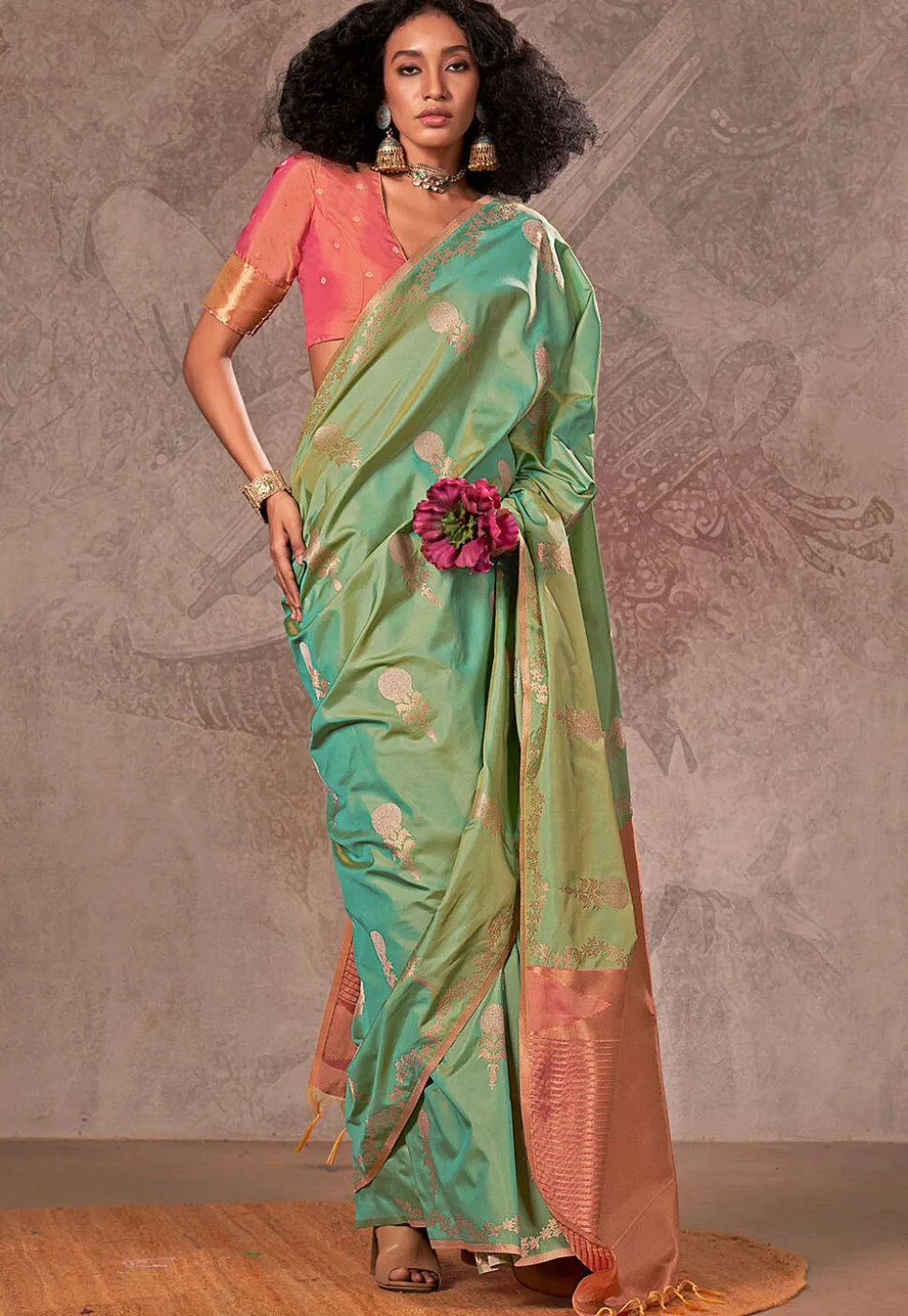 Woven Art Silk Saree in Sea Green