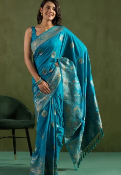 Woven Art Silk Saree in Teal Blue
