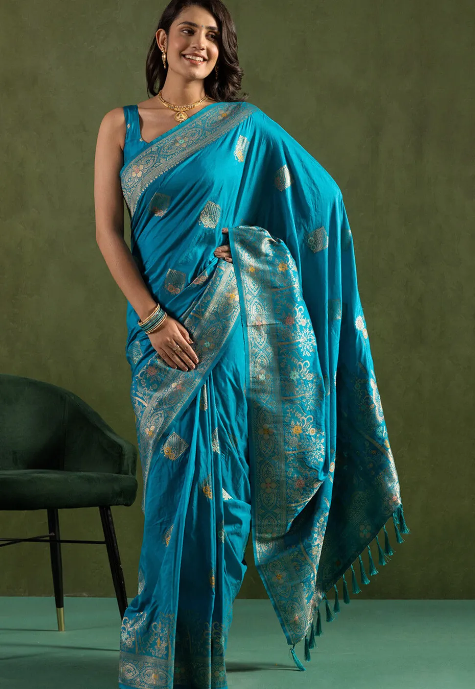 Woven Art Silk Saree in Teal Blue