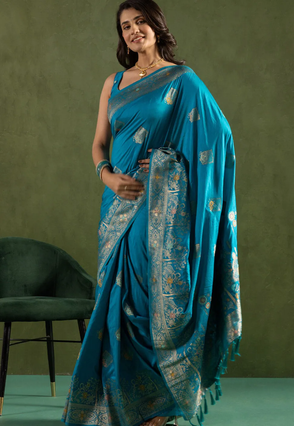 Woven Art Silk Saree in Teal Blue