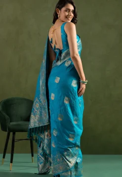 Woven Art Silk Saree in Teal Blue