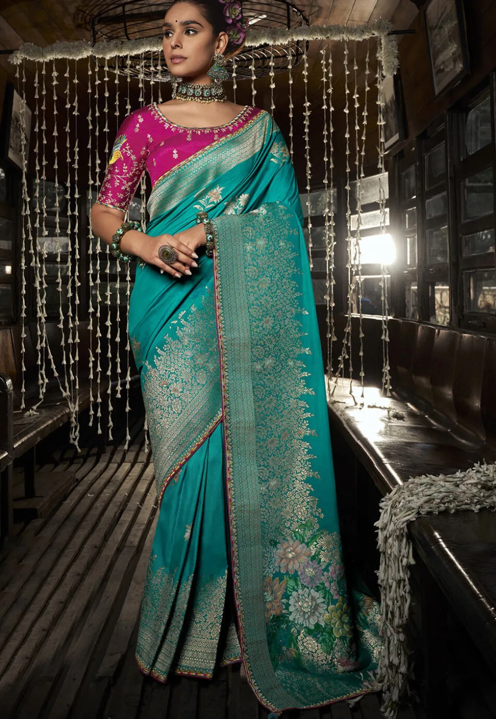 Woven Art Silk Saree in Teal Blue