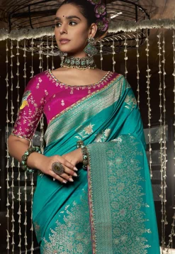 Woven Art Silk Saree in Teal Blue