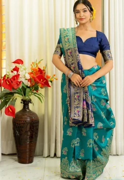 Woven Art Silk Saree in Teal Blue