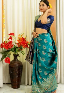 Woven Art Silk Saree in Teal Blue