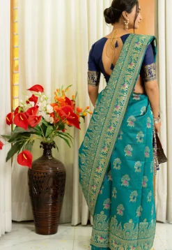 Woven Art Silk Saree in Teal Blue