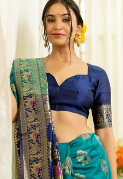 Woven Art Silk Saree in Teal Blue