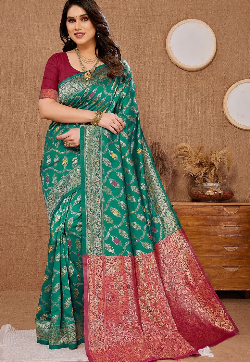 Woven Art Silk Saree in Teal Green