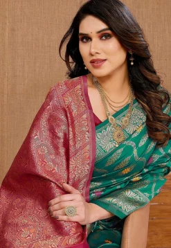 Woven Art Silk Saree in Teal Green