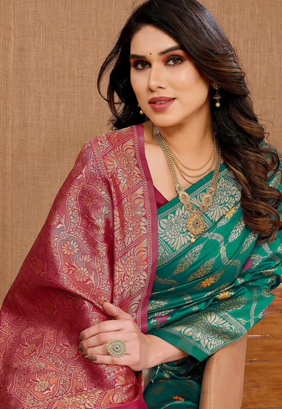 Woven Art Silk Saree in Teal Green