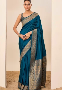 Woven Art Silk Saree in Teal Blue