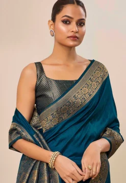 Woven Art Silk Saree in Teal Blue