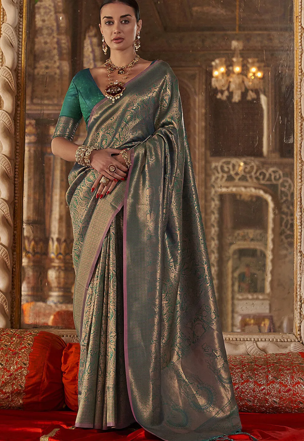 Woven Art Silk Saree in Teal Green