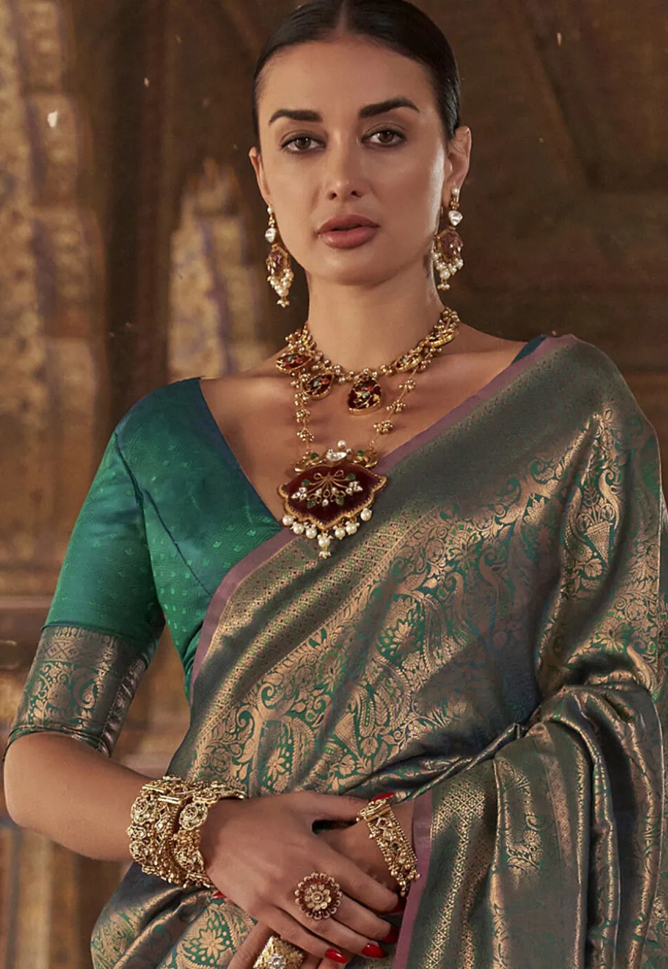 Woven Art Silk Saree in Teal Green