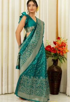 Woven Art Silk Saree in Teal Green