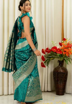 Woven Art Silk Saree in Teal Green