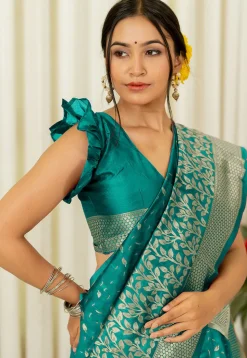 Woven Art Silk Saree in Teal Green