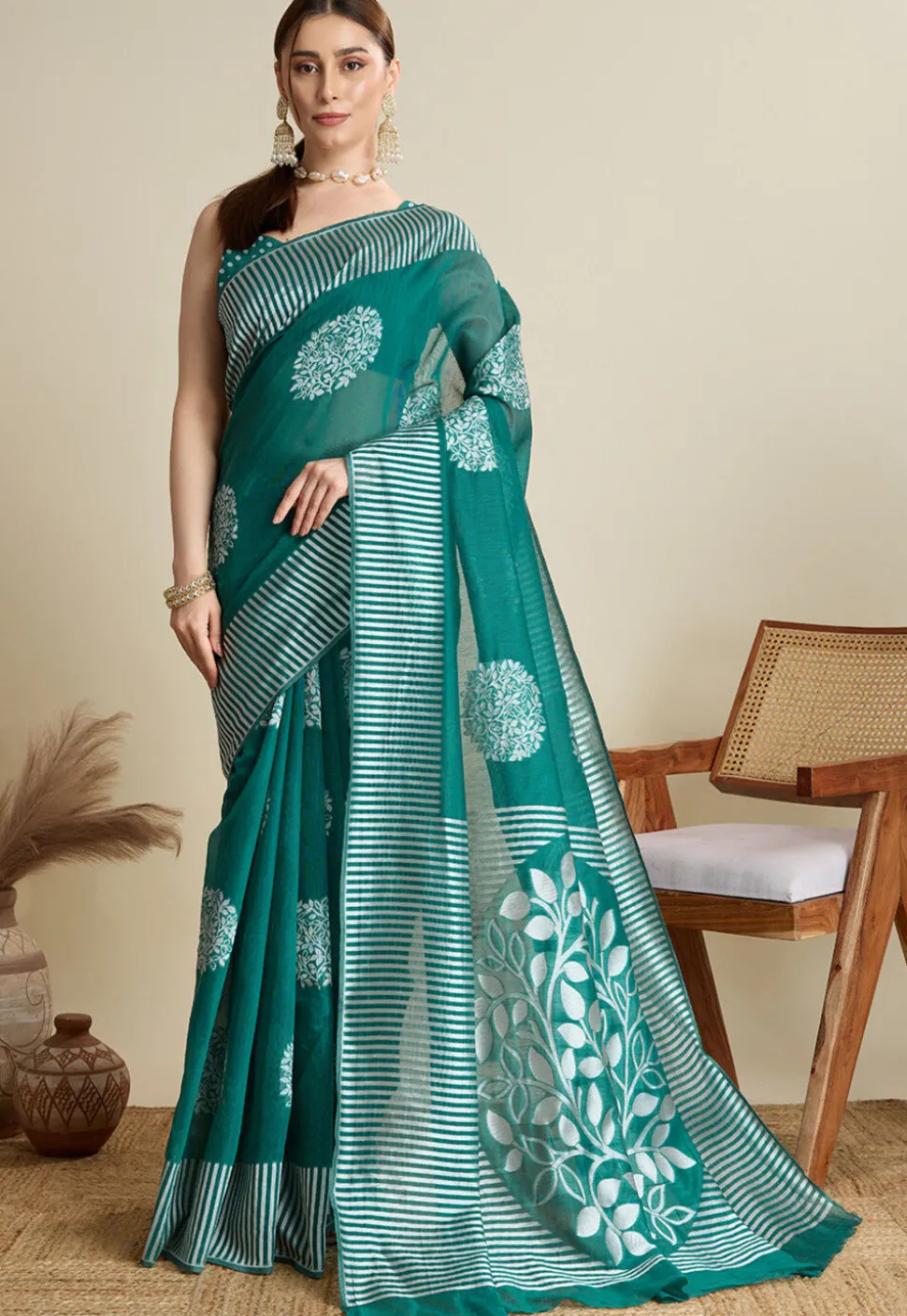 Woven Art Silk Saree in Teal Green