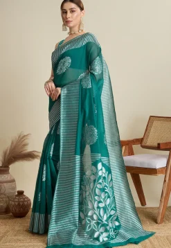 Woven Art Silk Saree in Teal Green