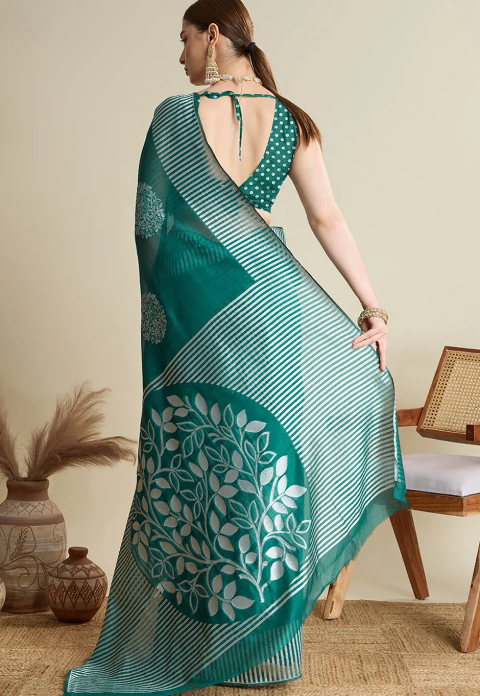 Woven Art Silk Saree in Teal Green