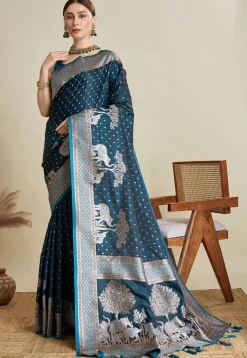 Woven Art Silk Saree in Teal Blue