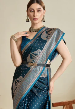 Woven Art Silk Saree in Teal Blue