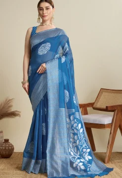 Woven Art Silk Saree in Teal Blue