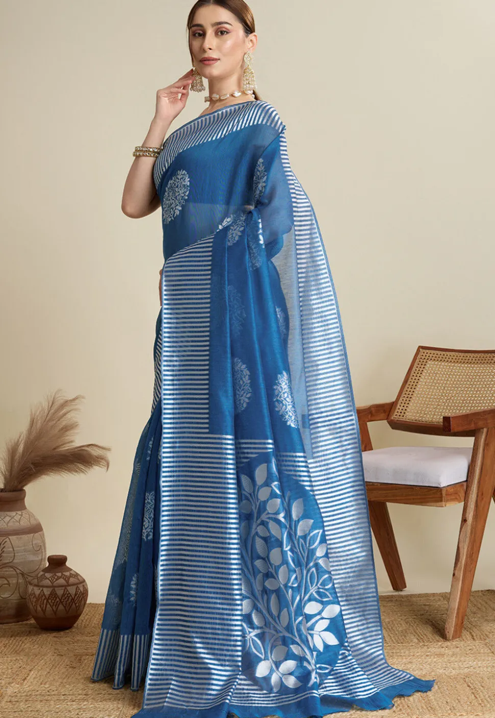Woven Art Silk Saree in Teal Blue