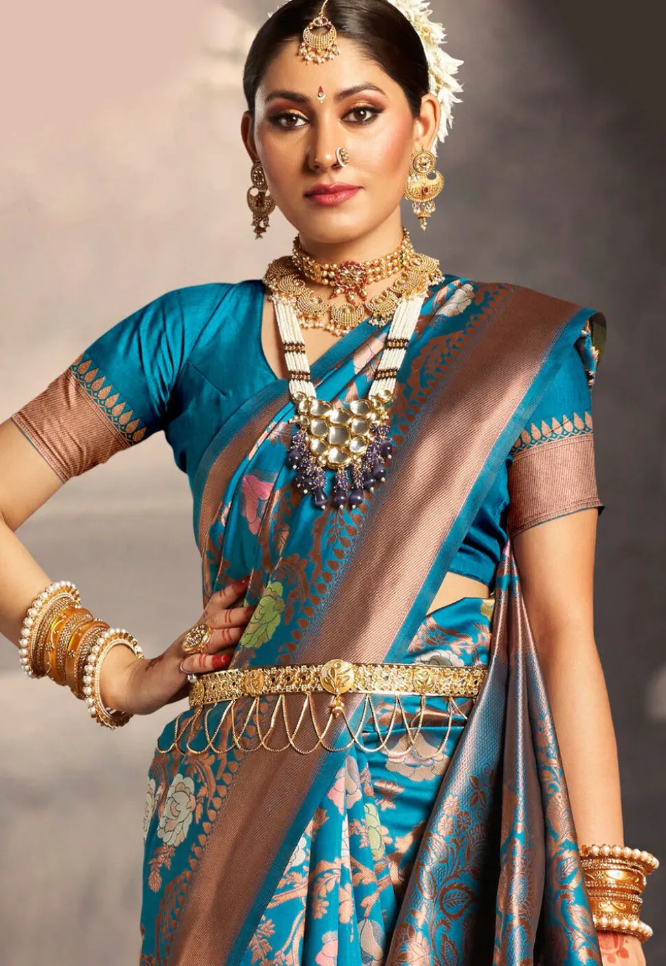 Woven Art Silk Saree in Teal Blue