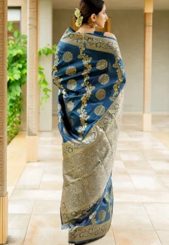 Woven Art Silk Saree in Teal Blue