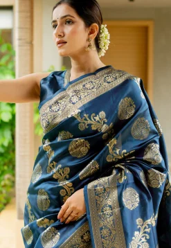 Woven Art Silk Saree in Teal Blue