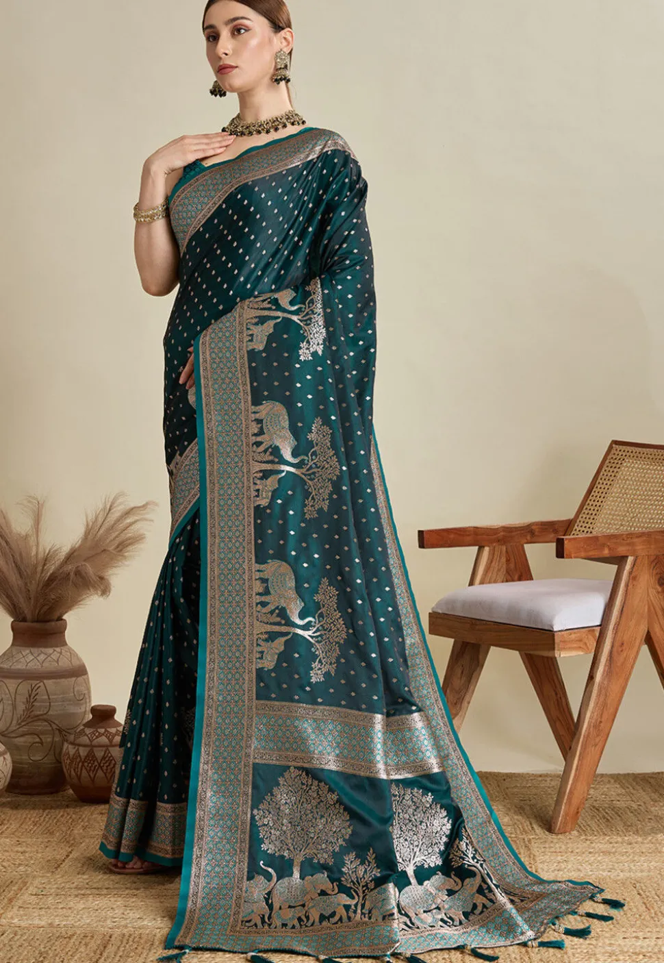 Woven Art Silk Saree in Teal Green