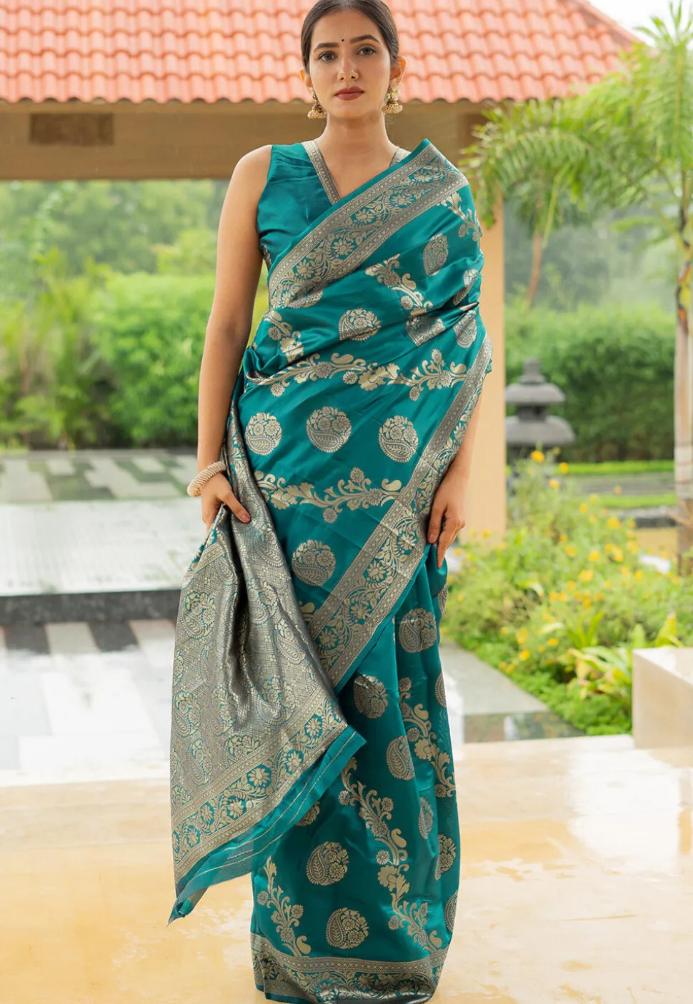 Woven Art Silk Saree in Teal Green