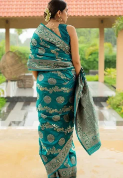 Woven Art Silk Saree in Teal Green