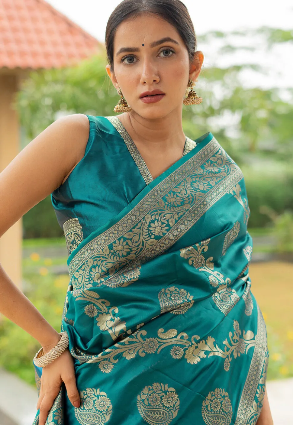 Woven Art Silk Saree in Teal Green