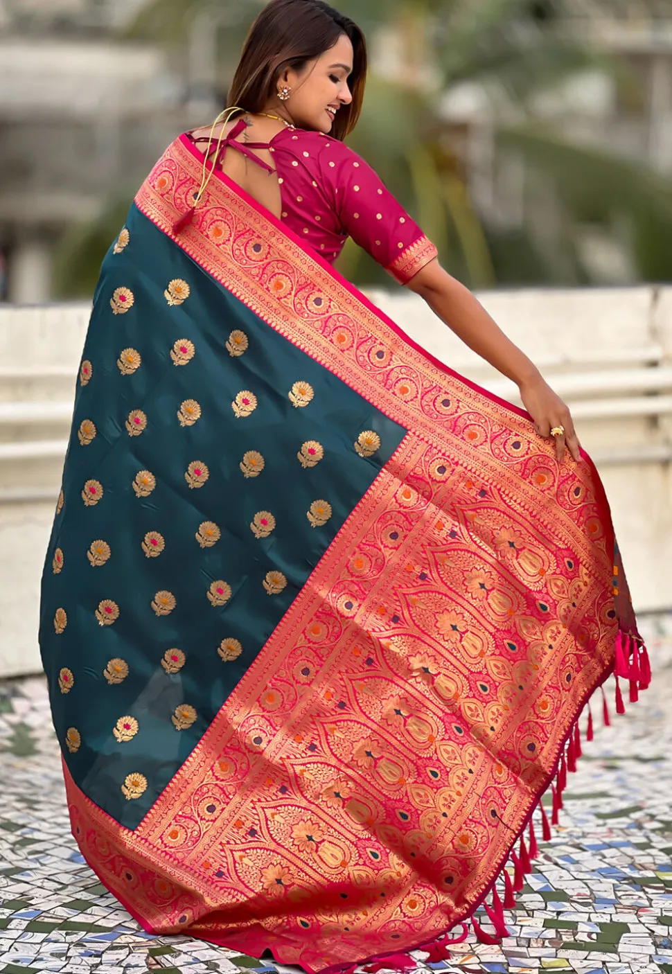 Woven Art Silk Saree in Teal Blue