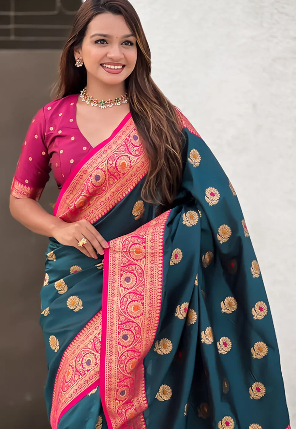 Woven Art Silk Saree in Teal Blue