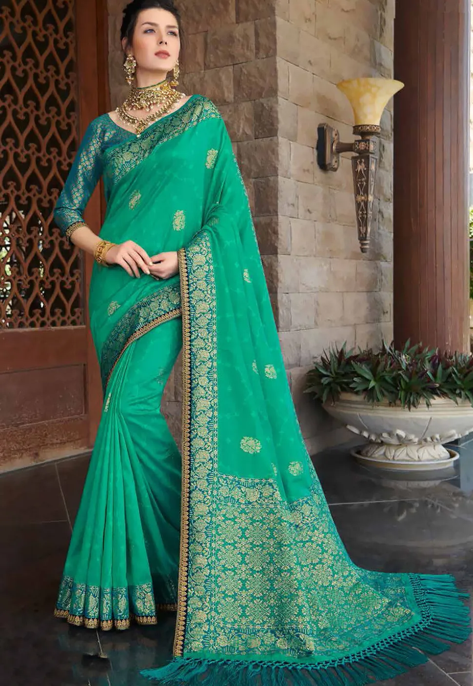 Woven Art Silk Saree in Teal Green