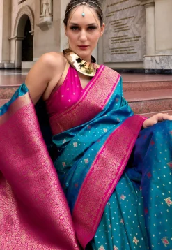 Woven Art Silk Saree in Teal Blue