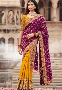 Woven Art Silk Saree in Wine and Mustard
