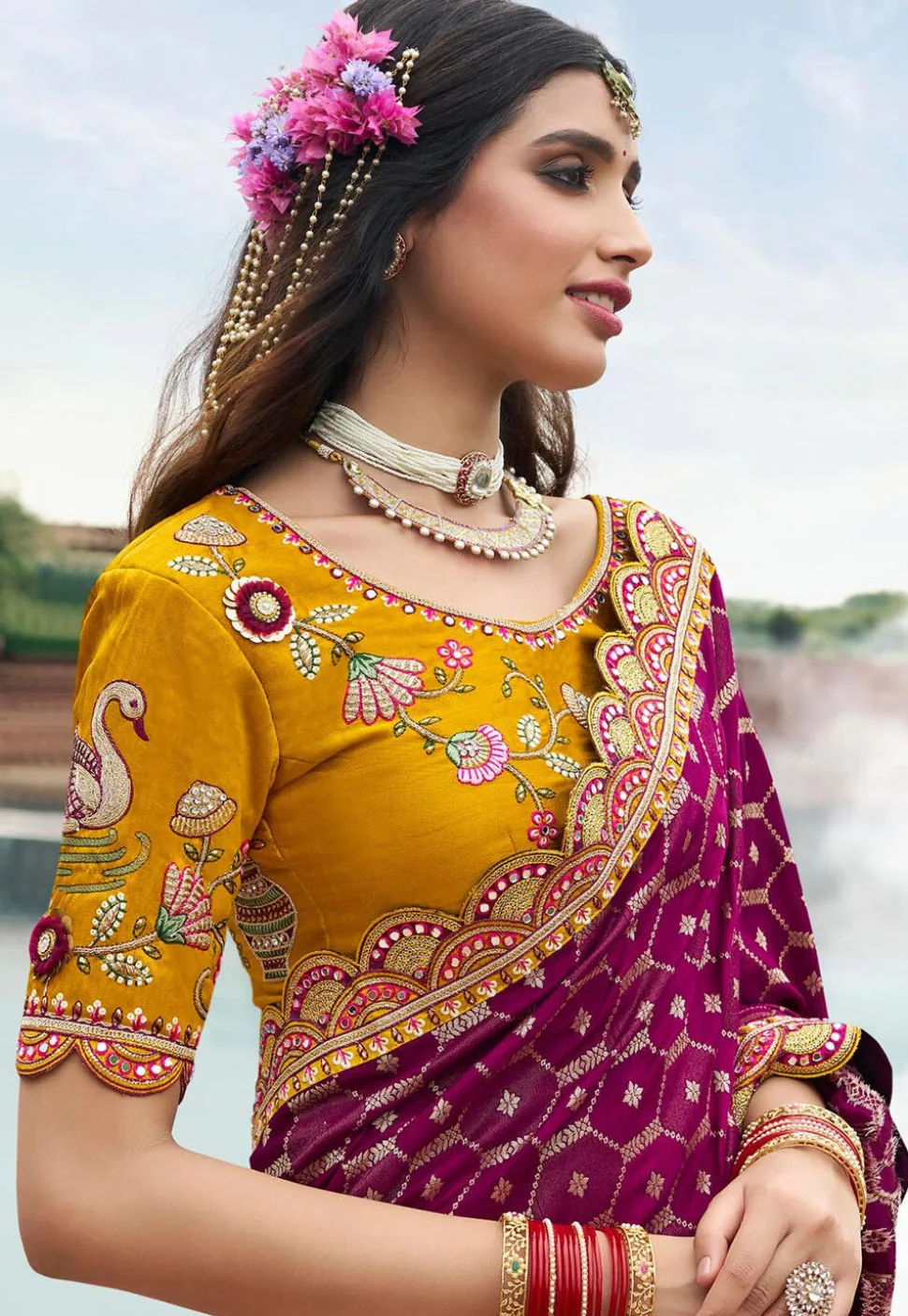 Woven Art Silk Saree in Wine and Mustard
