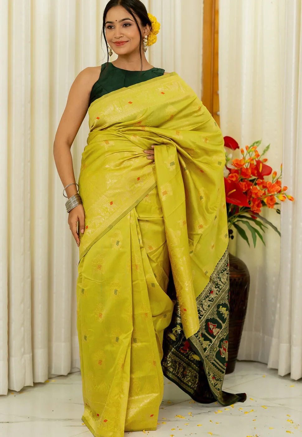 Woven Art Silk Saree in Yellow