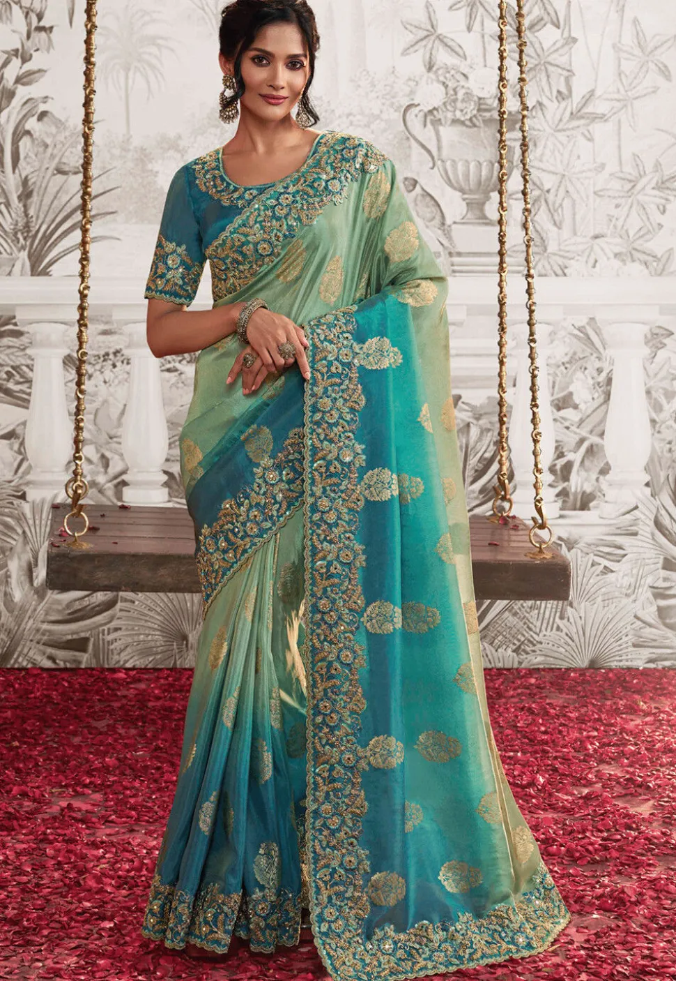 Woven Art Silk Scalloped Saree in Shaded Pastel Green and Blue