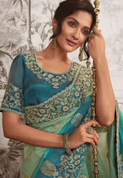 Woven Art Silk Scalloped Saree in Shaded Pastel Green and Blue